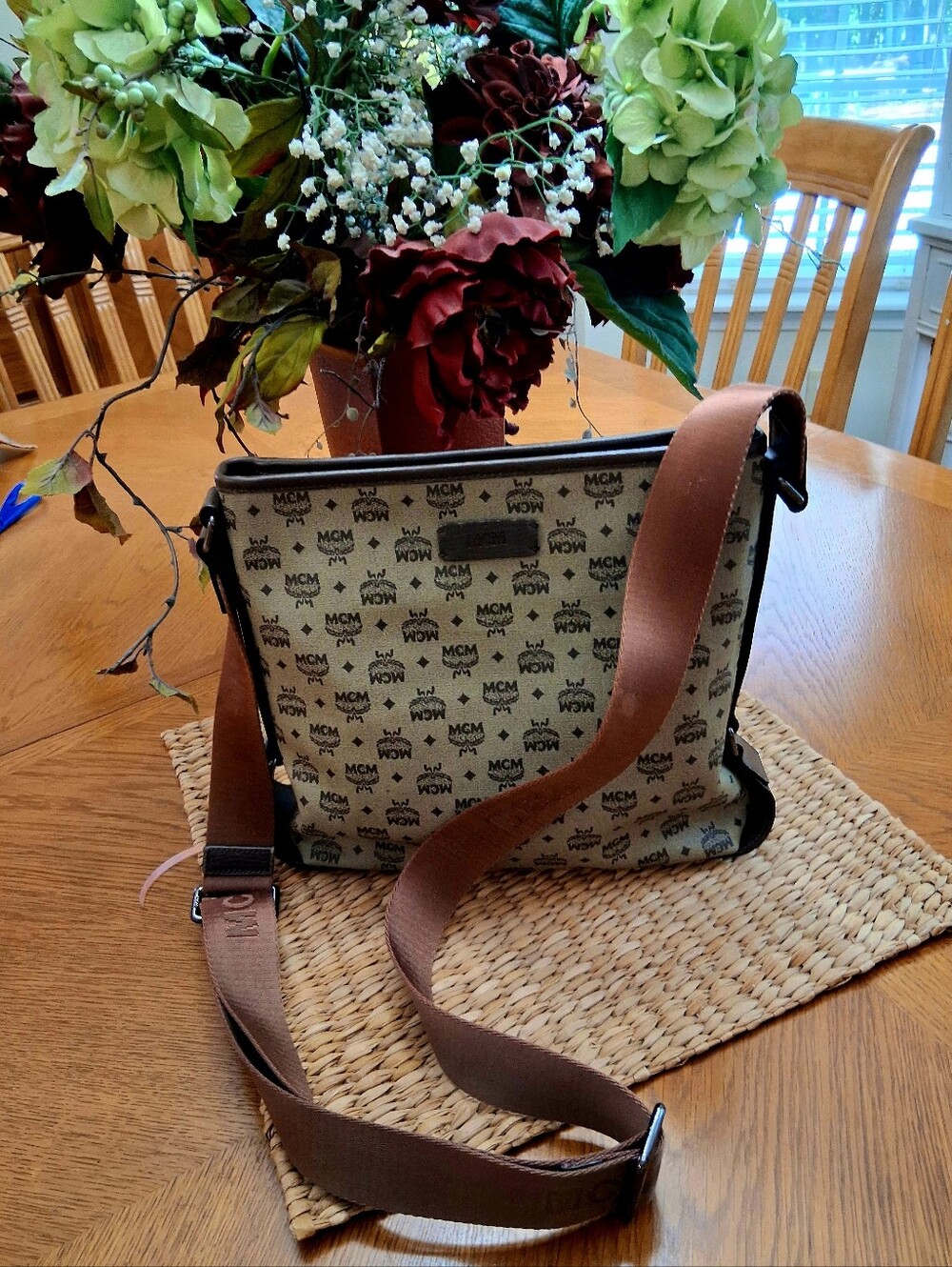 MCM Beige Monogram Canvas Crossbody with Brown Strap. Authenticated.